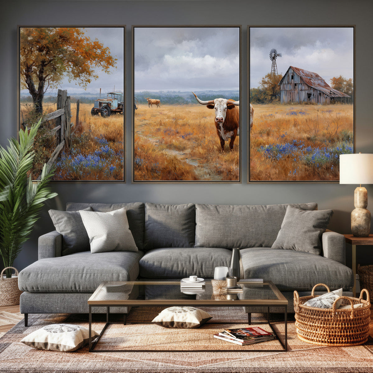 Texas Longhorn Canvas Wall Art, Rustic Farm Barn Bluebonnet