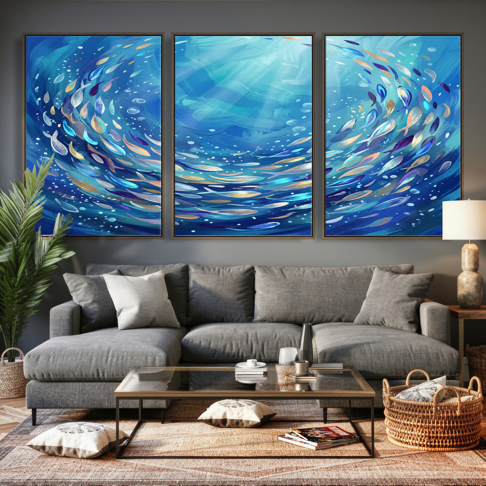 School of Fish Canvas Print | Blue Ocean Underwater Wall Art