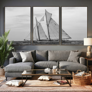 Vintage Sailboat Wall Art Canvas Print, Black and White