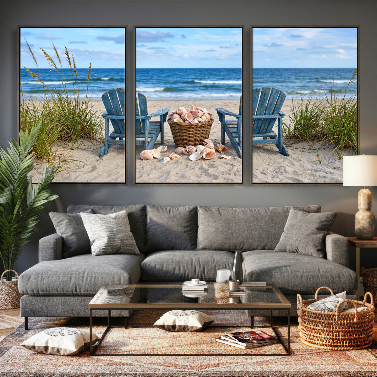 Large Beach Canvas Wall Art Coastal Adirondack Chairs Ocean