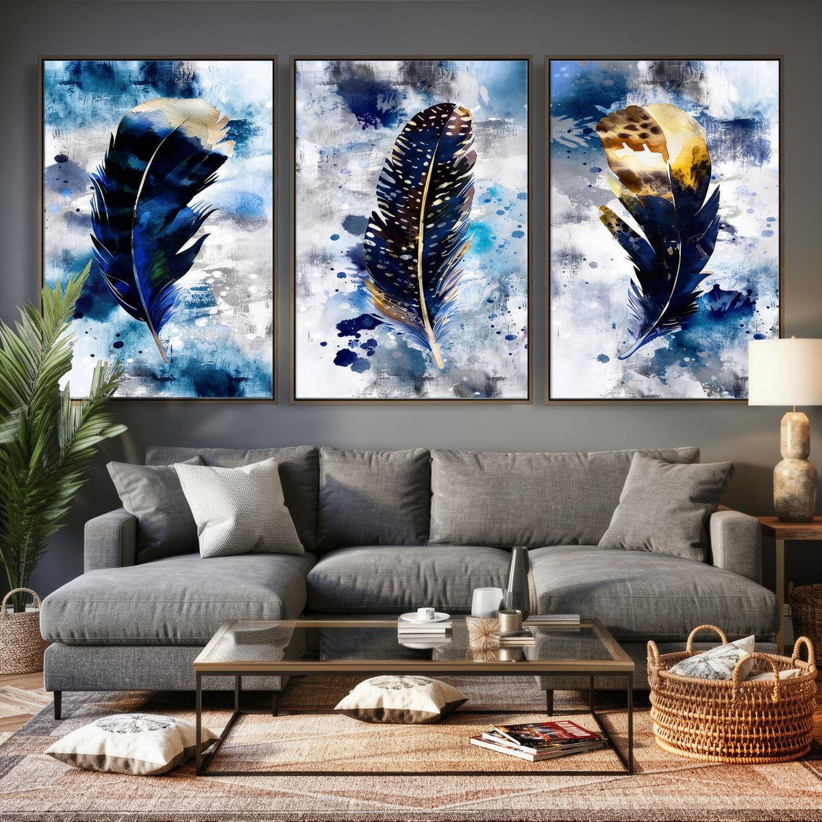 Feather Canvas Wall Art Navy Blue Gold Watercolor Abstract