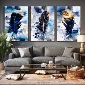 Feather Canvas Wall Art Navy Blue Gold Watercolor Abstract