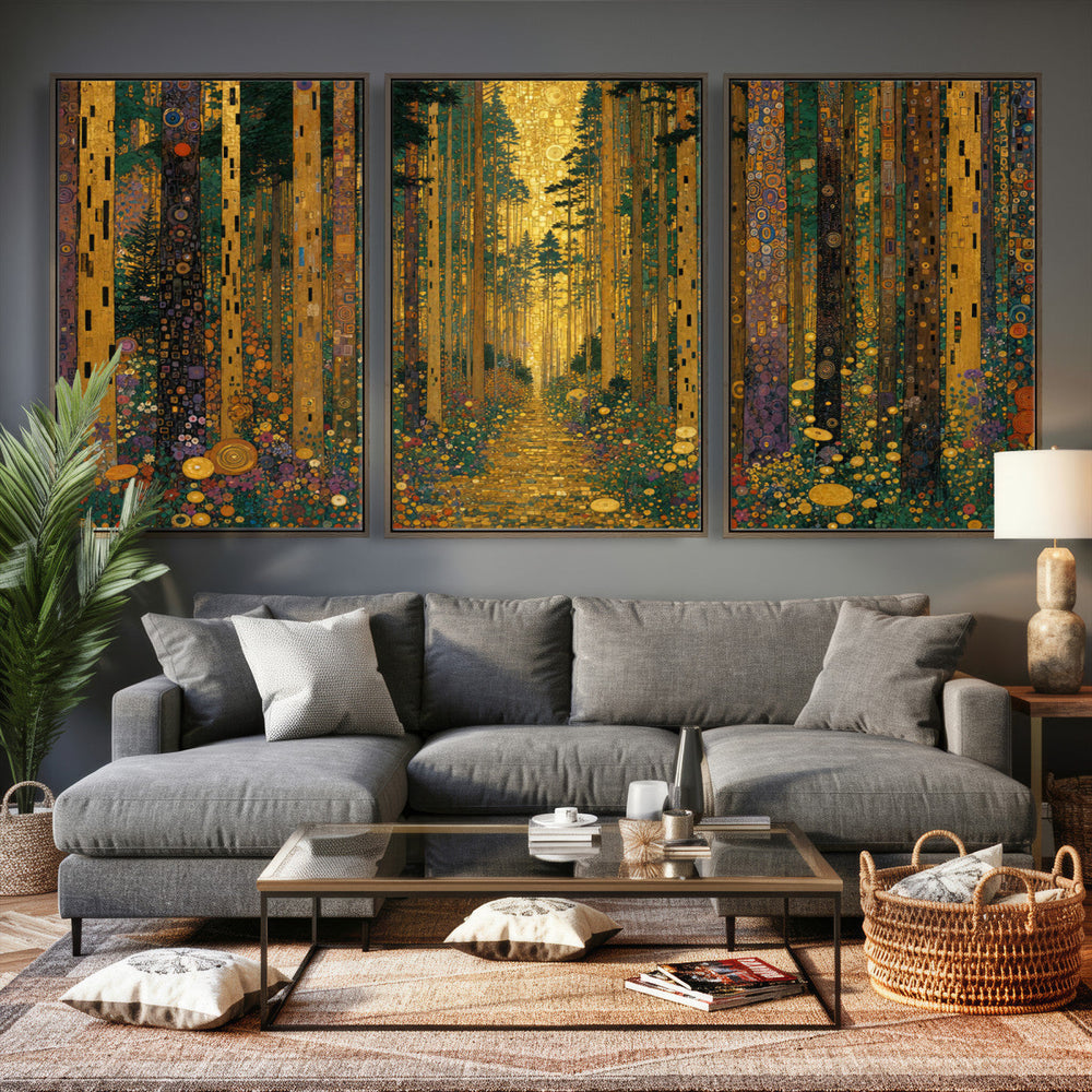 Gustav Klimt Style Forest Canvas Wall Art, Golden Forest Path Floral Art Nouveau Print, Enchanted Woodland Decor