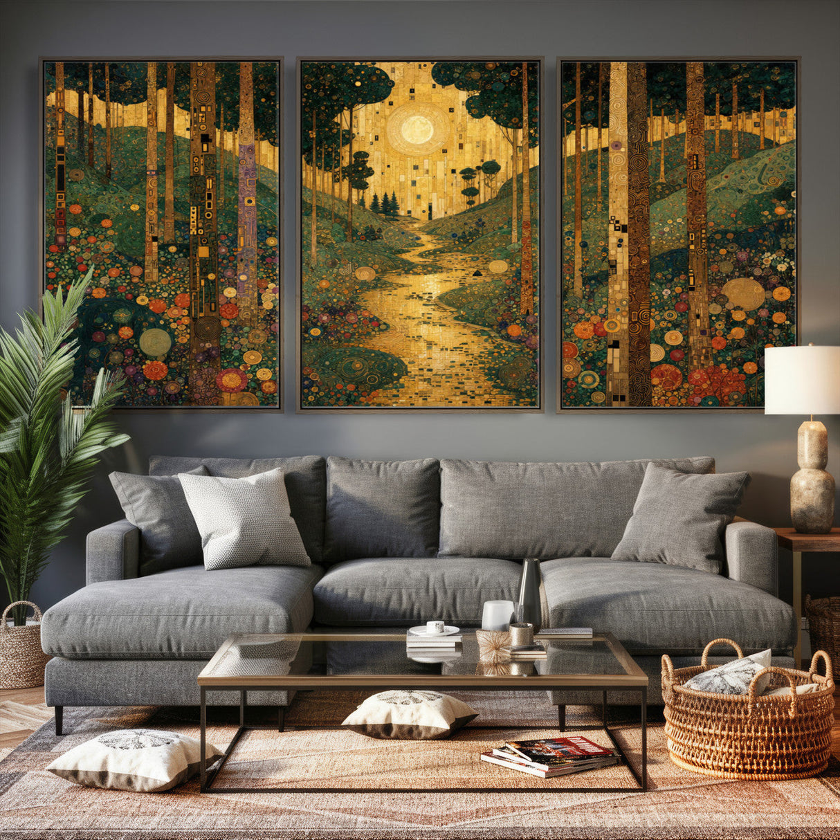 Gustav Klimt Style Forest Canvas Wall Art, Golden Forest Path Floral Art Nouveau Print, Enchanted Woodland Decor