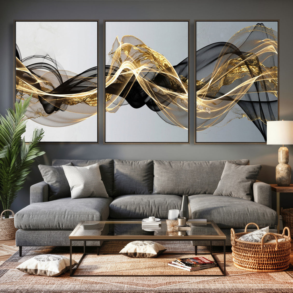 Black and Gold Abstract Wall Art, Modern Wave Canvas Print, Elegant Flowing Smoke Art, Luxury Living Room Decor