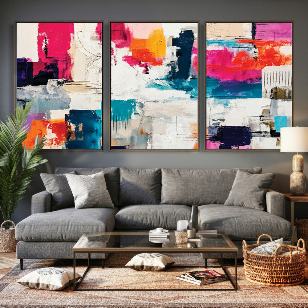 Blue Teal Abstract Canvas Wall Art, Modern Textured Painting Print, Navy Orange White Contemporary Art, Neutral Living Room Decor, Office Art