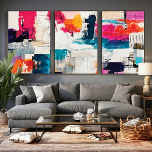 Blue Teal Abstract Canvas Wall Art, Modern Textured Painting Print, Navy Orange White Contemporary Art, Neutral Living Room Decor, Office Art