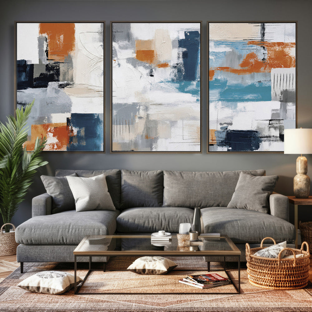 Blue Teal Abstract Canvas Wall Art, Modern Textured Painting Print, Navy Orange White Contemporary Art, Neutral Living Room Decor, Office Art