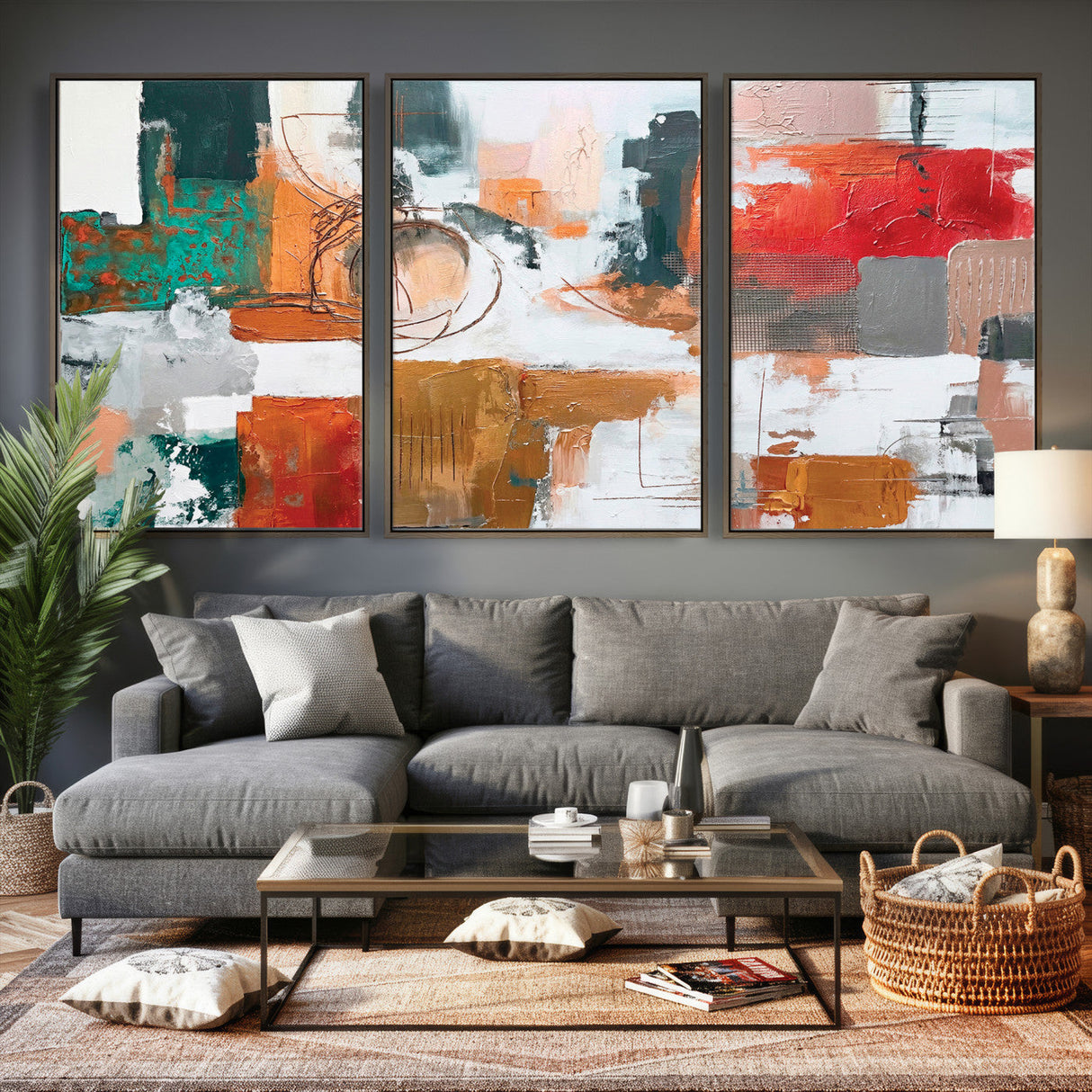 Blue Teal Abstract Canvas Wall Art, Modern Textured Painting Print, Navy Orange White Contemporary Art, Neutral Living Room Decor, Office Art
