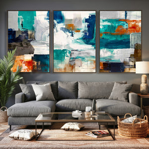 Blue Teal Abstract Canvas Wall Art, Modern Textured Painting Print, Navy Orange White Contemporary Art, Neutral Living Room Decor, Office Art