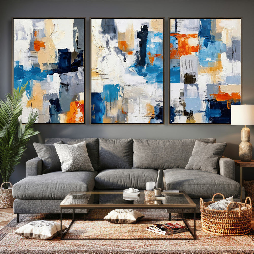 Blue Teal Abstract Canvas Wall Art, Modern Textured Painting Print, Navy Orange White Contemporary Art, Neutral Living Room Decor, Office Art