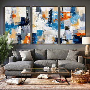 Blue Teal Abstract Canvas Wall Art, Modern Textured Painting Print, Navy Orange White Contemporary Art, Neutral Living Room Decor, Office Art