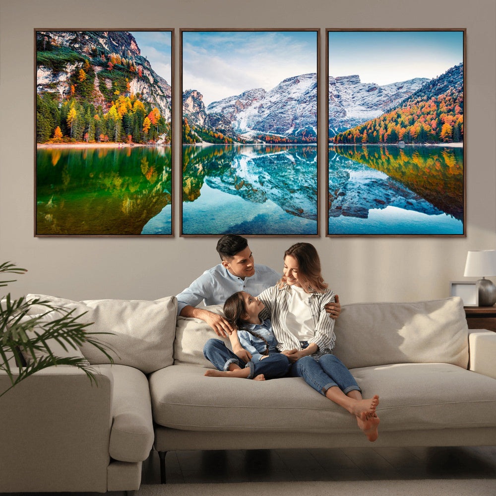 Spectacular autumn view of Braies Lake Wall Art Canvas Print