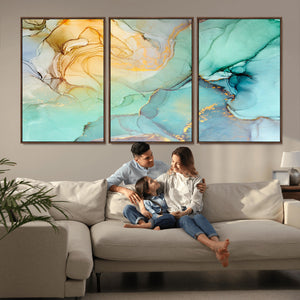 Abstract Aqua and Gold Fluid Wall Art Canvas | 3 Panel Large