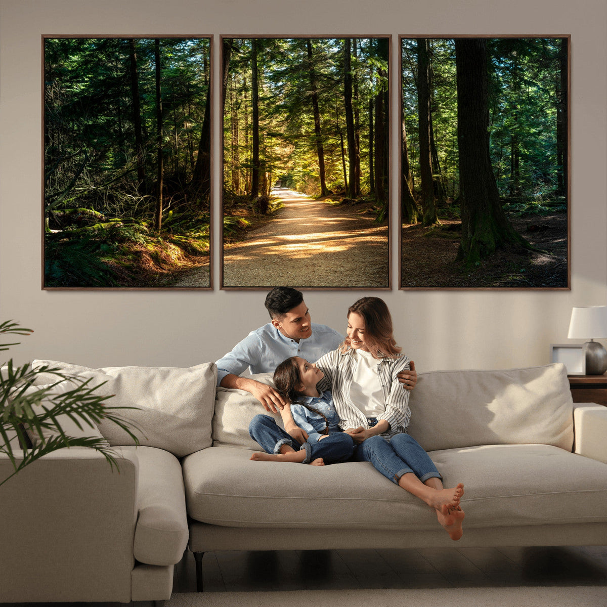 Sunlit Forest Pathway Canvas Print | 3 Panel Large Nature