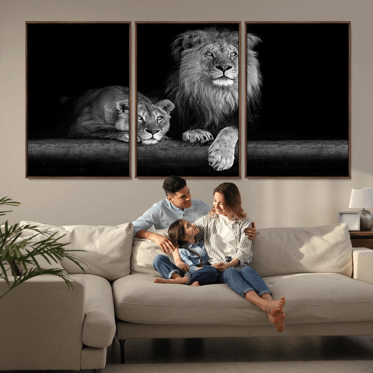 Large Black and White Lion Couple Wall Art Canvas Print –