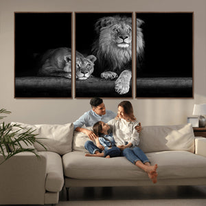 Large Black and White Lion Couple Wall Art Canvas Print –