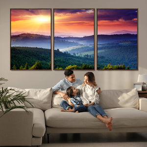 Beautiful Sunset over Hills Forest Landscape Canvas Wall Art