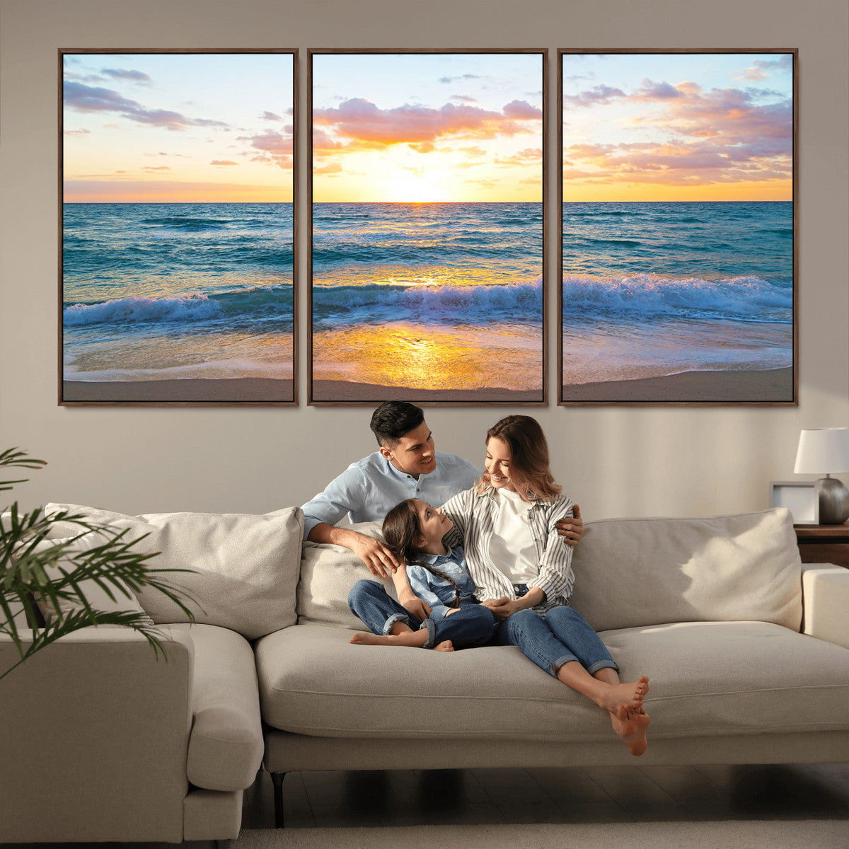 Golden Sunset Over Ocean Waves - Serene Coastal Triptych