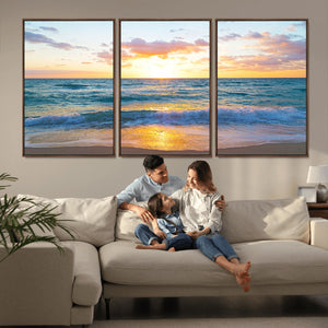Golden Sunset Over Ocean Waves - Serene Coastal Triptych