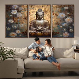 Golden Buddha Wall Art Canvas Print | Zen Meditation Floral