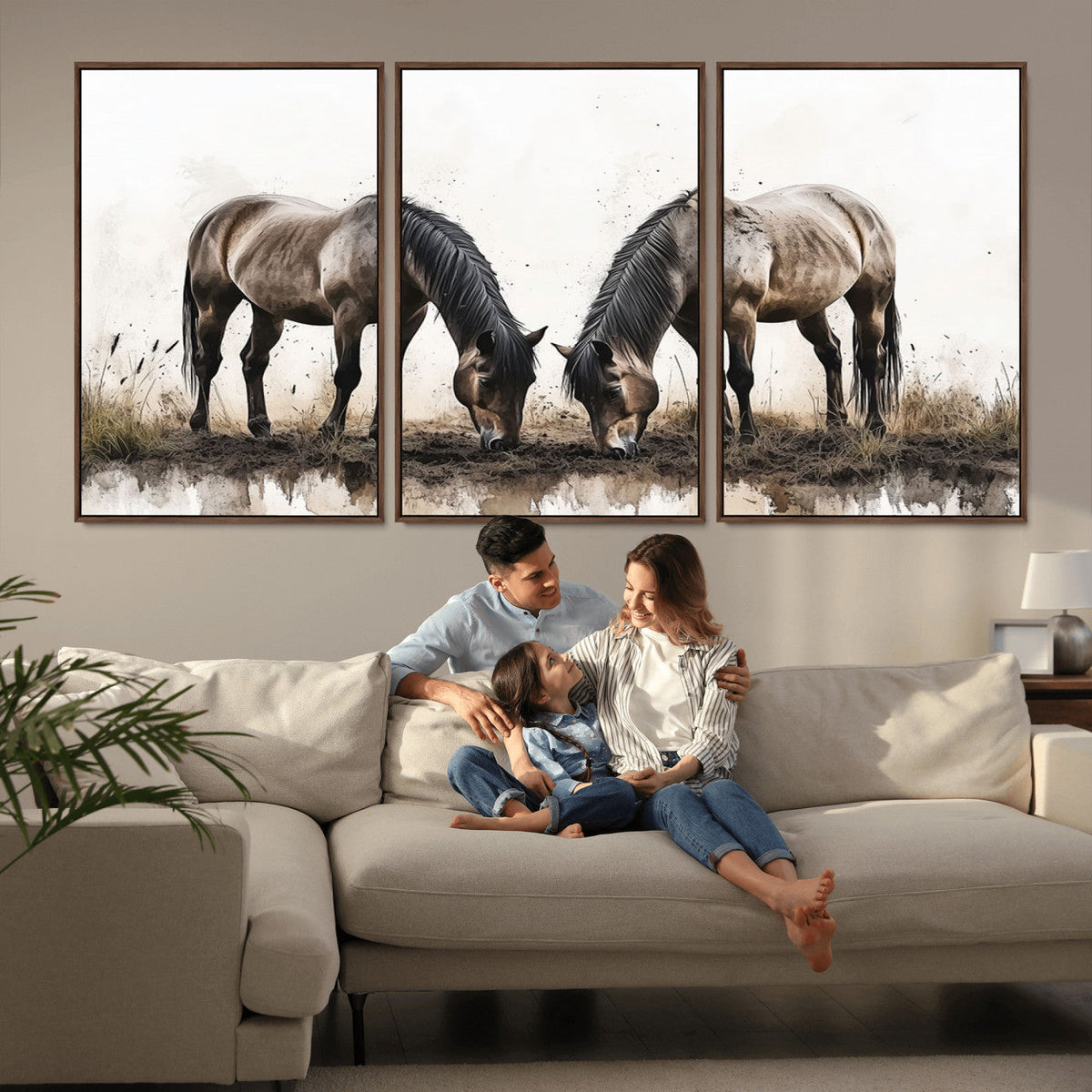 Chines Ink Style Horses Wall Art Canvas Print