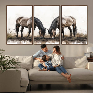 Chines Ink Style Horses Wall Art Canvas Print
