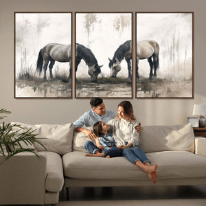 Chines Ink Style Vintage Horses Wall Art Canvas Print for