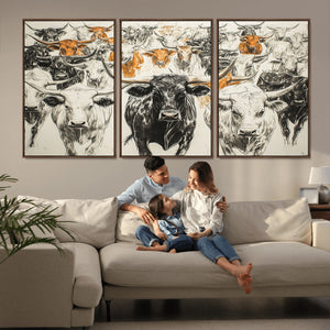 Farmhouse Wall Art | Western Longhorn Cattle Canvas Print |