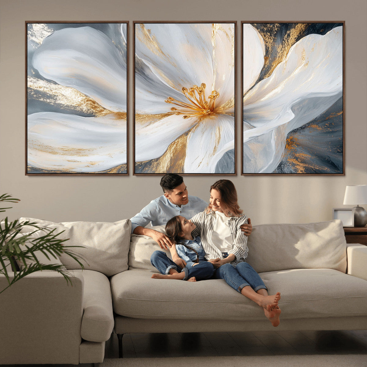 White and Gold Floral Canvas Wall Art - Framed and Ready to