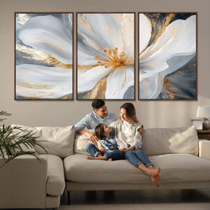 White and Gold Floral Canvas Wall Art - Framed and Ready to