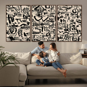 Abstract Love and Chaos Canvas Print, Black Symbols on Beige