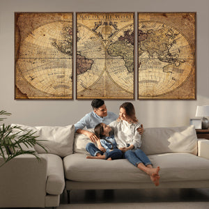 Vintage World Map Wall Art Canvas – Antique Style Push Pin