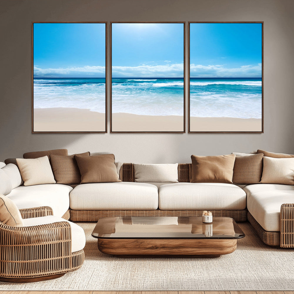 Wall Art Canvas Print Shiny Blue Sea and Beach