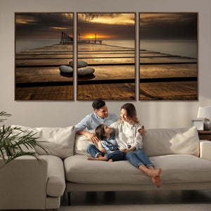 Stones on Wooden Pier at Sunset Canvas Print, Serene Coastal