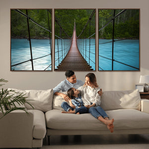 Suspension Bridge Over River Canvas Art | 3-Panel Nature