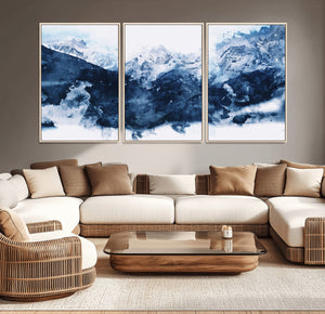 Abstract Blue Mountain Canvas Wall Art – Modern Triptych