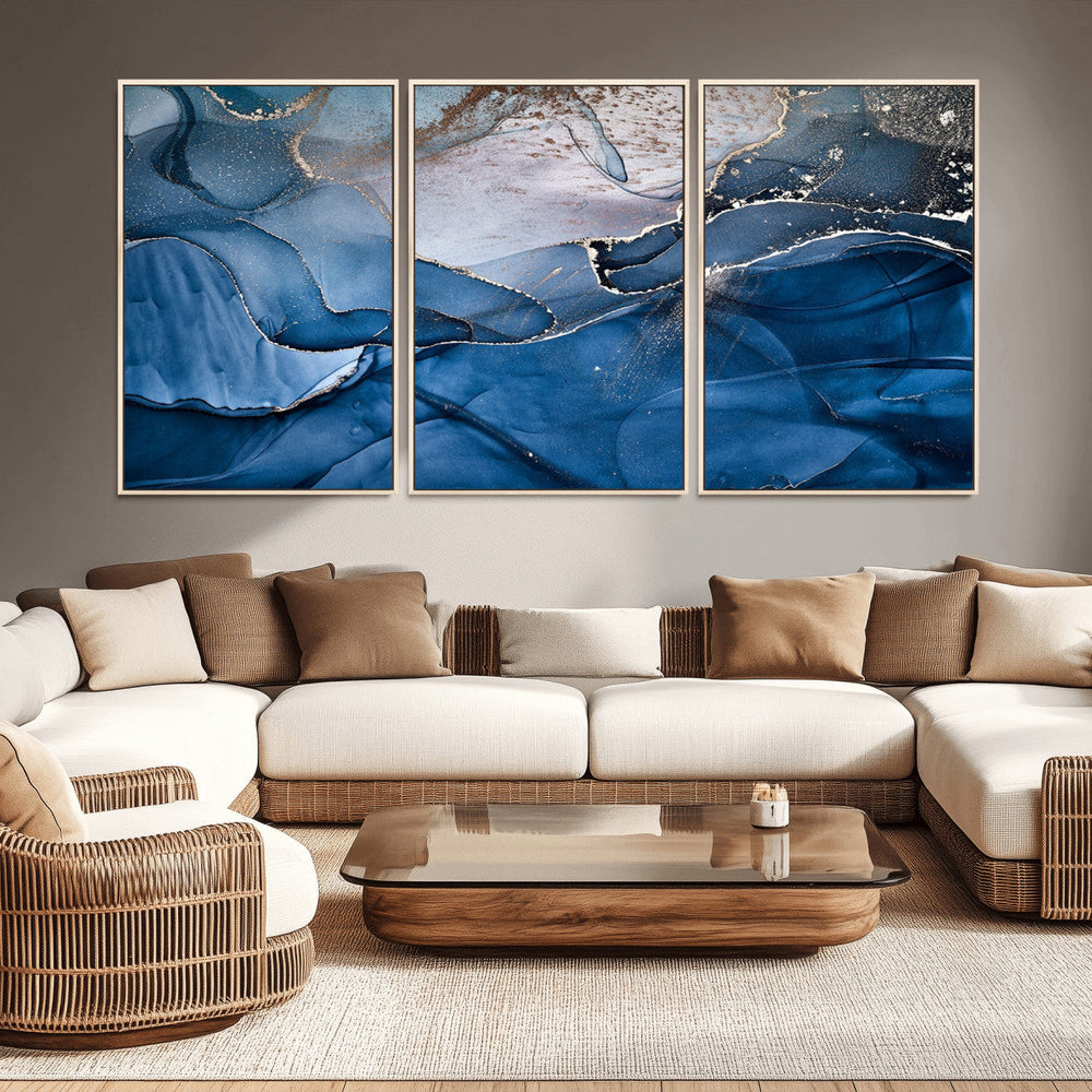 Navy Blue Canvas Art Abstract Print – Elegant Triptych