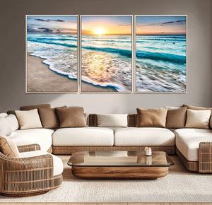Sunset Beach Waves Canvas Wall Art – 5-Panel Ocean Sunset