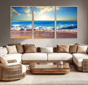 Tropical Beach Sunset Canvas Art, Ocean Waves and Sandy