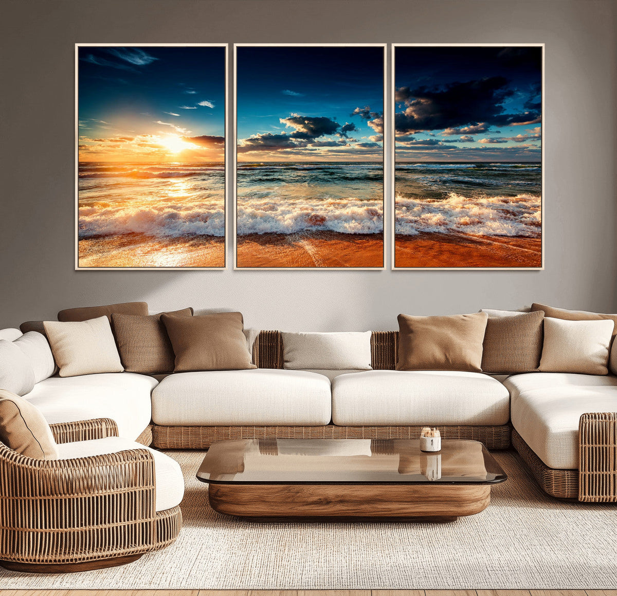 Golden Hour Sunset Over Ocean Waves Wall Art Canvas Print |