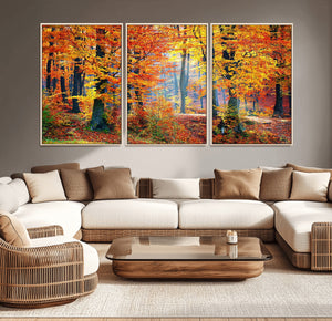 Autumn Red Forest Triptych Canvas Wall Art Print, Forest