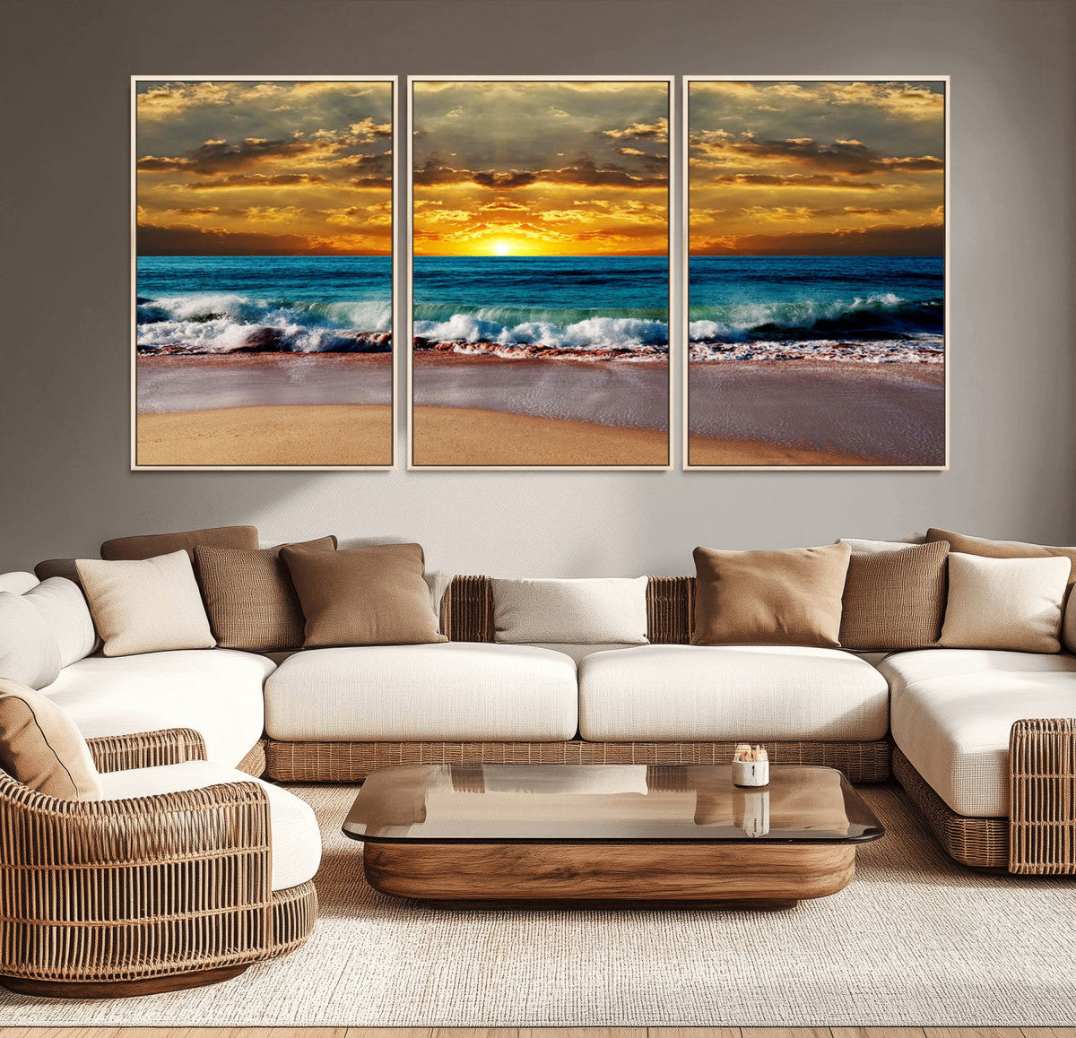Ocean Sunrise Over Golden Beach Waves, Giclee Canvas Wall
