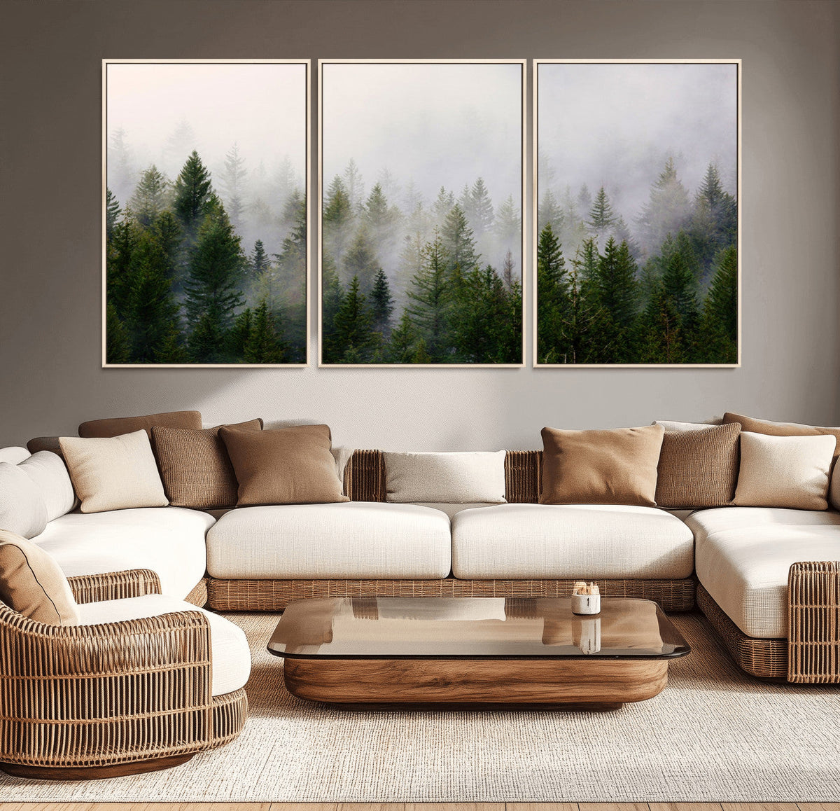 Misty Pine Forest Wall Art Canvas Print | 3 Panel Green