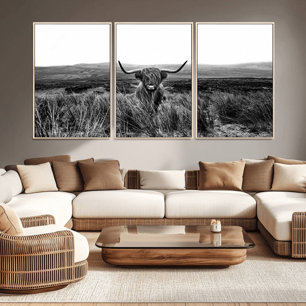 Black and White Highland Cow Canvas Wall Art, Longhorn