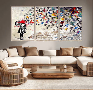 Banksy Art Butterfly Girl Explosion Canvas Art – Vibrant