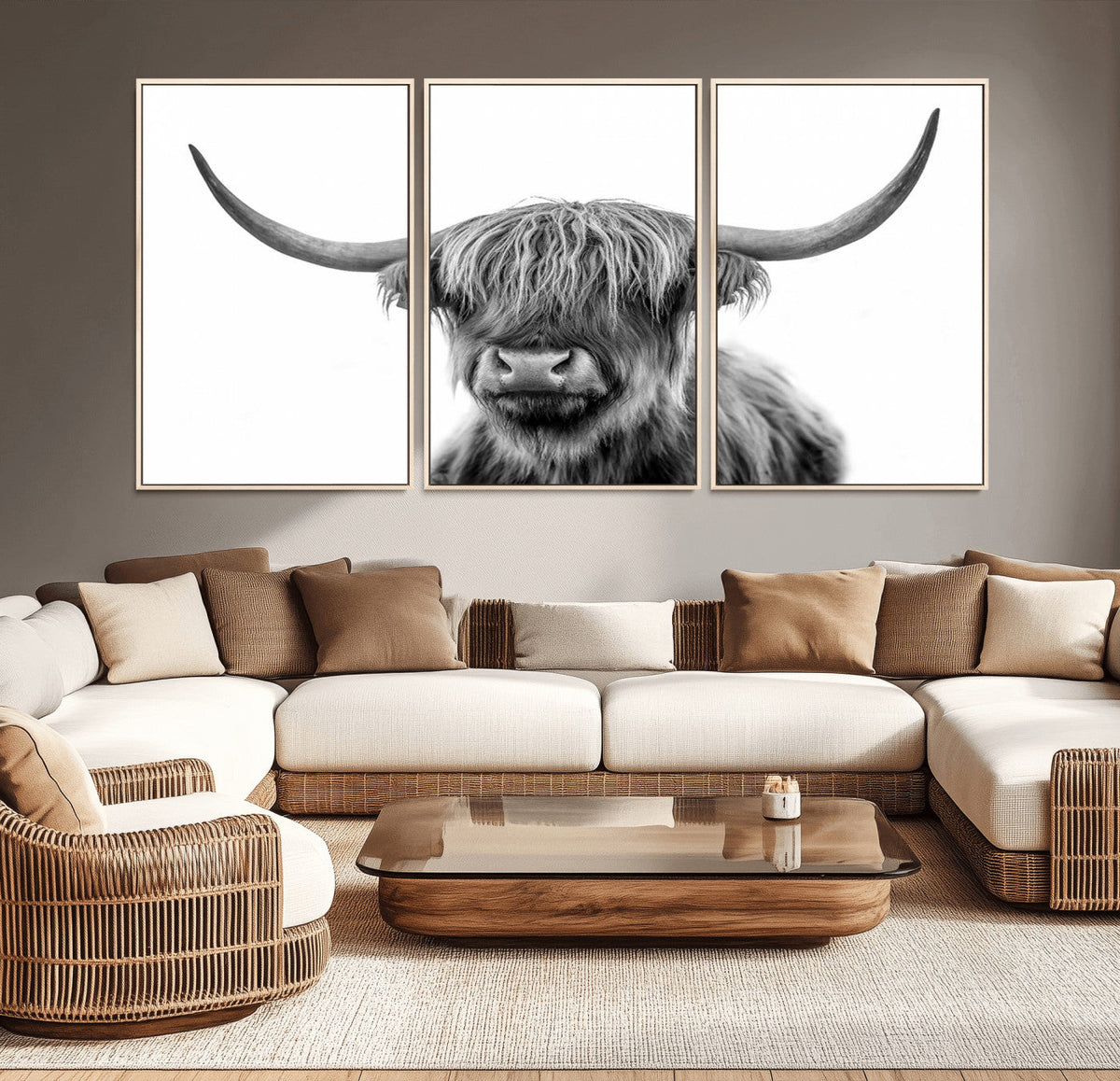 Grayscale Scottish Highland Cow Cattle Art Print Farmhouse
