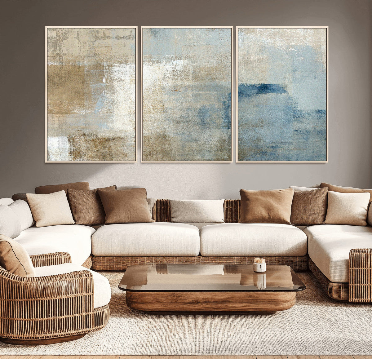 Abstract Blue and Beige Wall Art, Modern Minimalist Canvas
