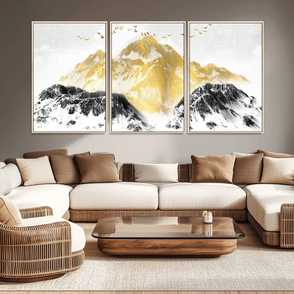 Golden Mountain Triptych Wall Art Canvas Print, Modern