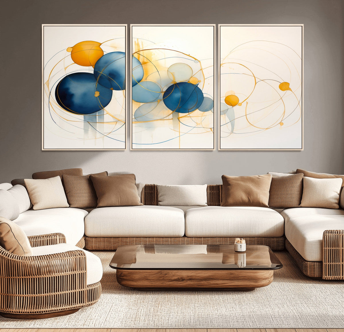 Geometric Blue Orange Abstract Wall Art Canvas, Geometric
